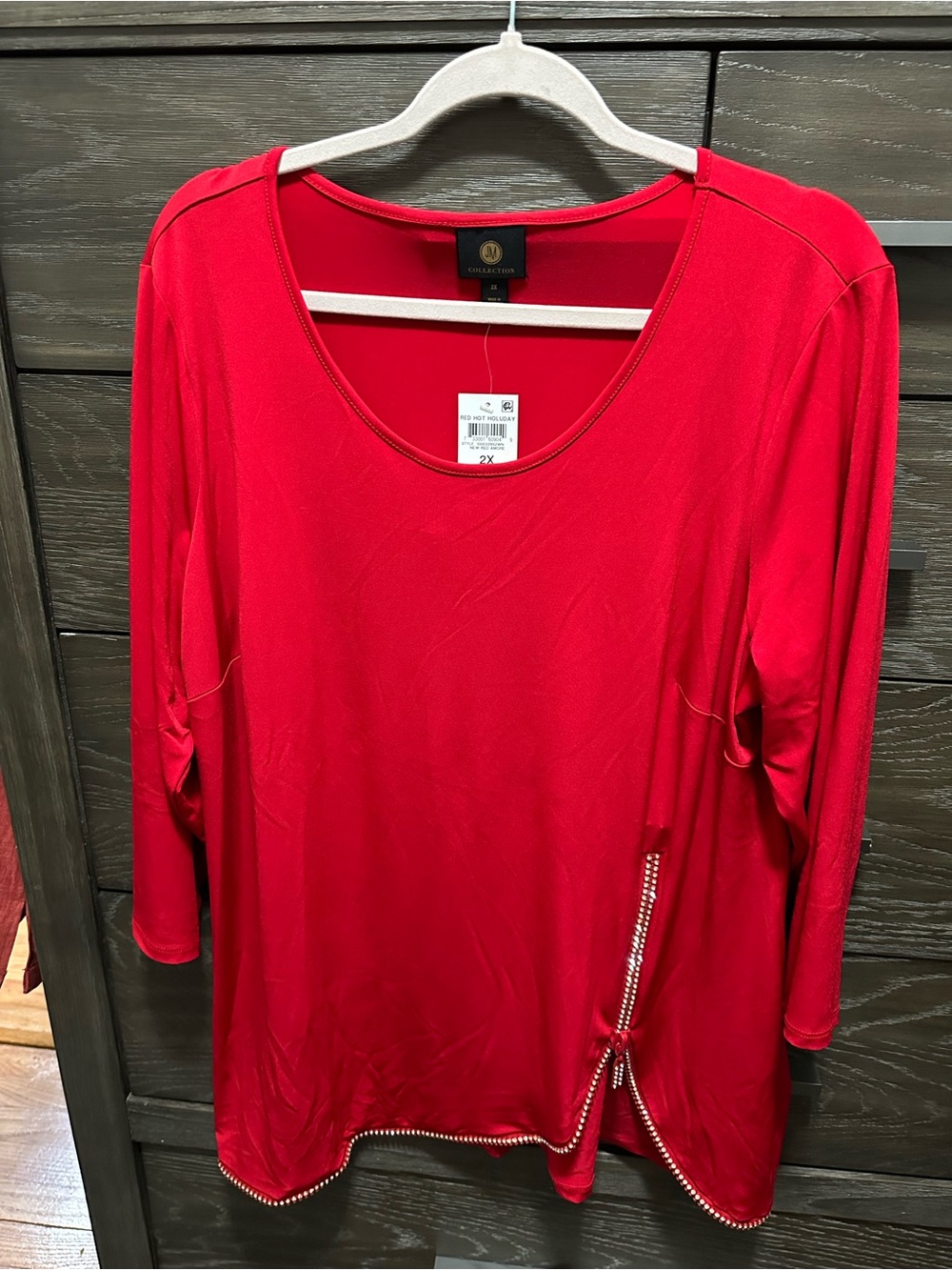 JM Collection Bright Red Scoop-Neck 3/4 Sleeve Knit Tunic with Zip Detail